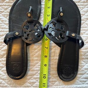 Tory Burch Black Leather Logo Sandals with Gold Stud